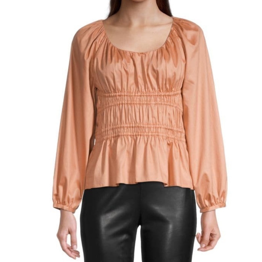 Rebecca Taylor Smocked Blouson-Sleeve Cotton Top Size XS